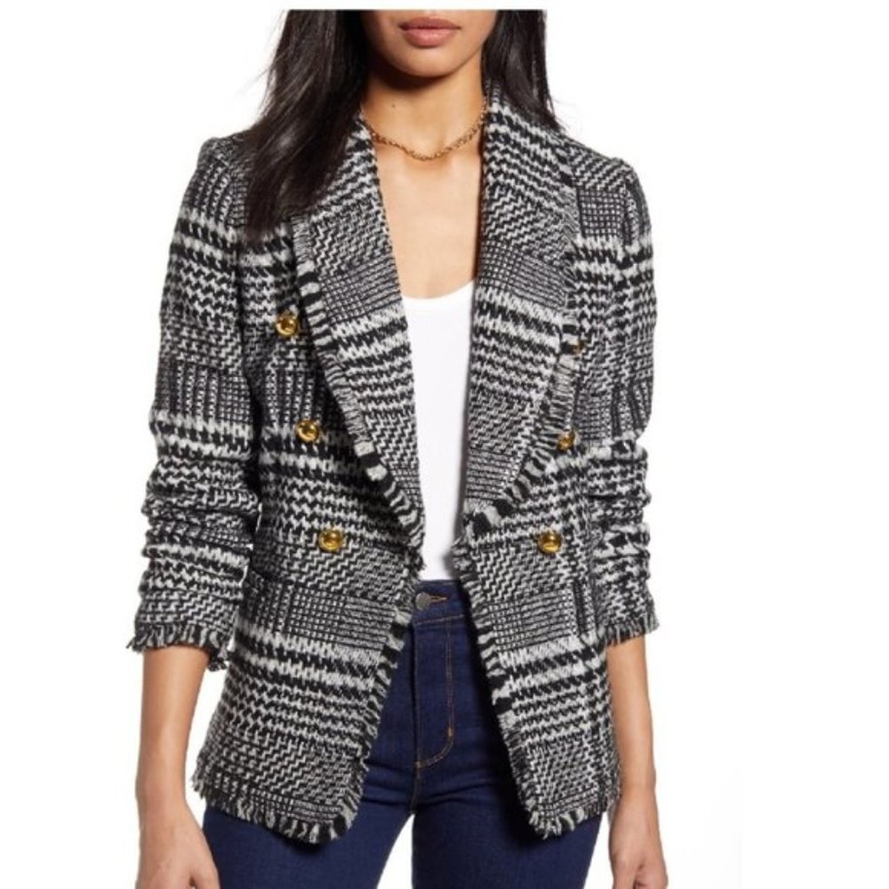 Halogen Double Breasted Plaid Tweed Blazer